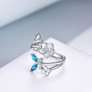 Sterling Silver Butterfly Rings Cubic Zirconia Flower Adjuastable Band Jewelry for Women Girls (Light Blue- Aquamarine)