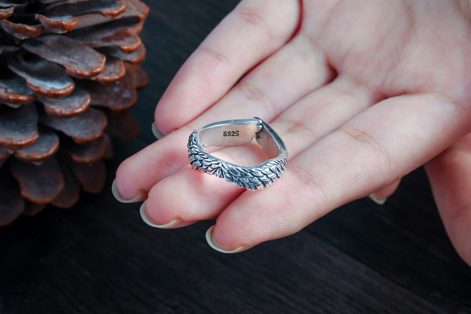 LOVECOM Antique 925 Sterling Silver Couple Ring for Women Men Lover Feather Angel Wing Mens Rings Silver Wedding Band Vingage Open Promise Rings for Couples Adjust Size 6-13