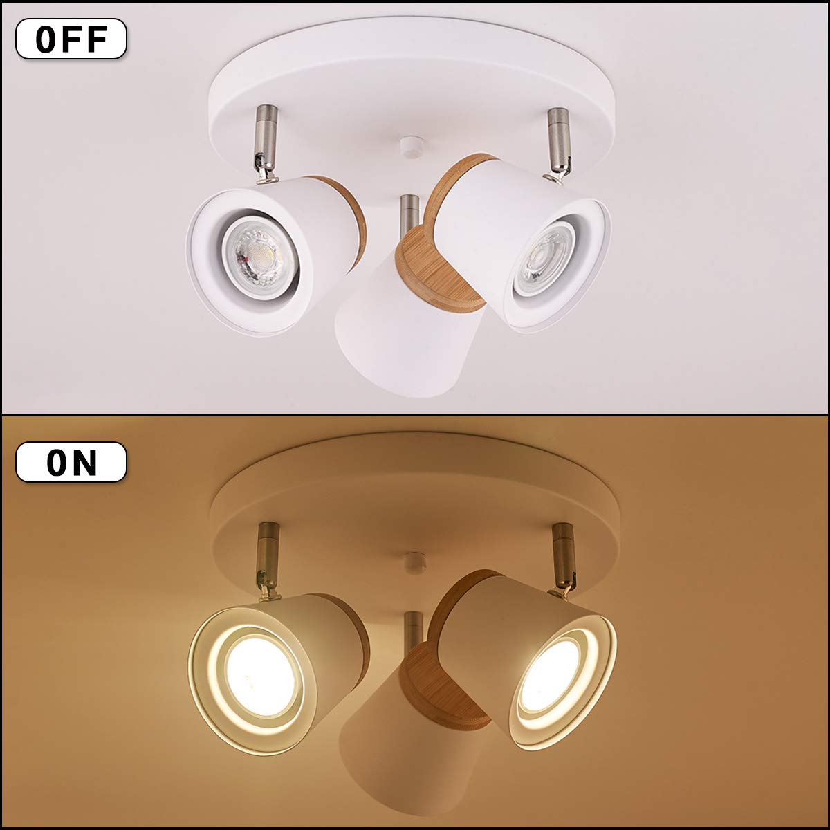 TeHenoo White Ceiling Light Fixtures 3-Light,Natural Wood Finish,Directional Spotlights, GU10 Socket Track Lighting for Hallway, bedrooms, Foyer, Kitchen, Living Room