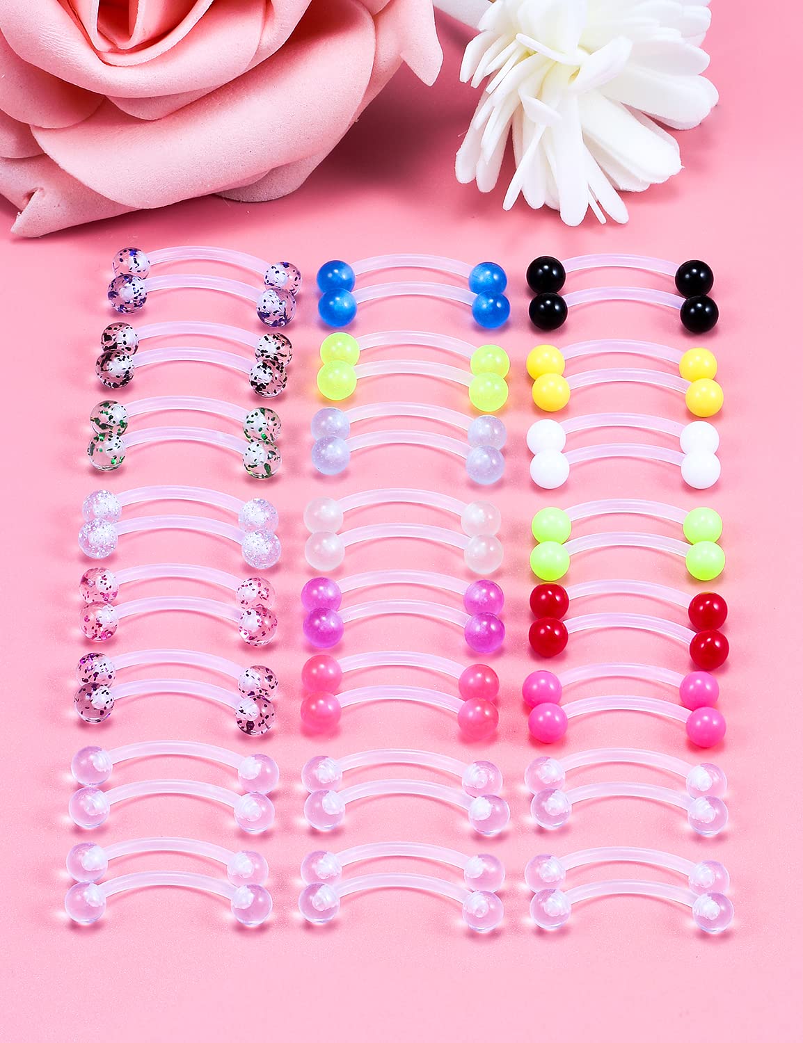 Oufksiyy 48PCS 14G Tongue Rings Glitter Bioflex Flexible Acrylic Curved Barbell Snake Eyes Tongue Nipple Ring Body Piercing Jewelry Retainer for Women Glow in The Dark Bridge Tongue Rings