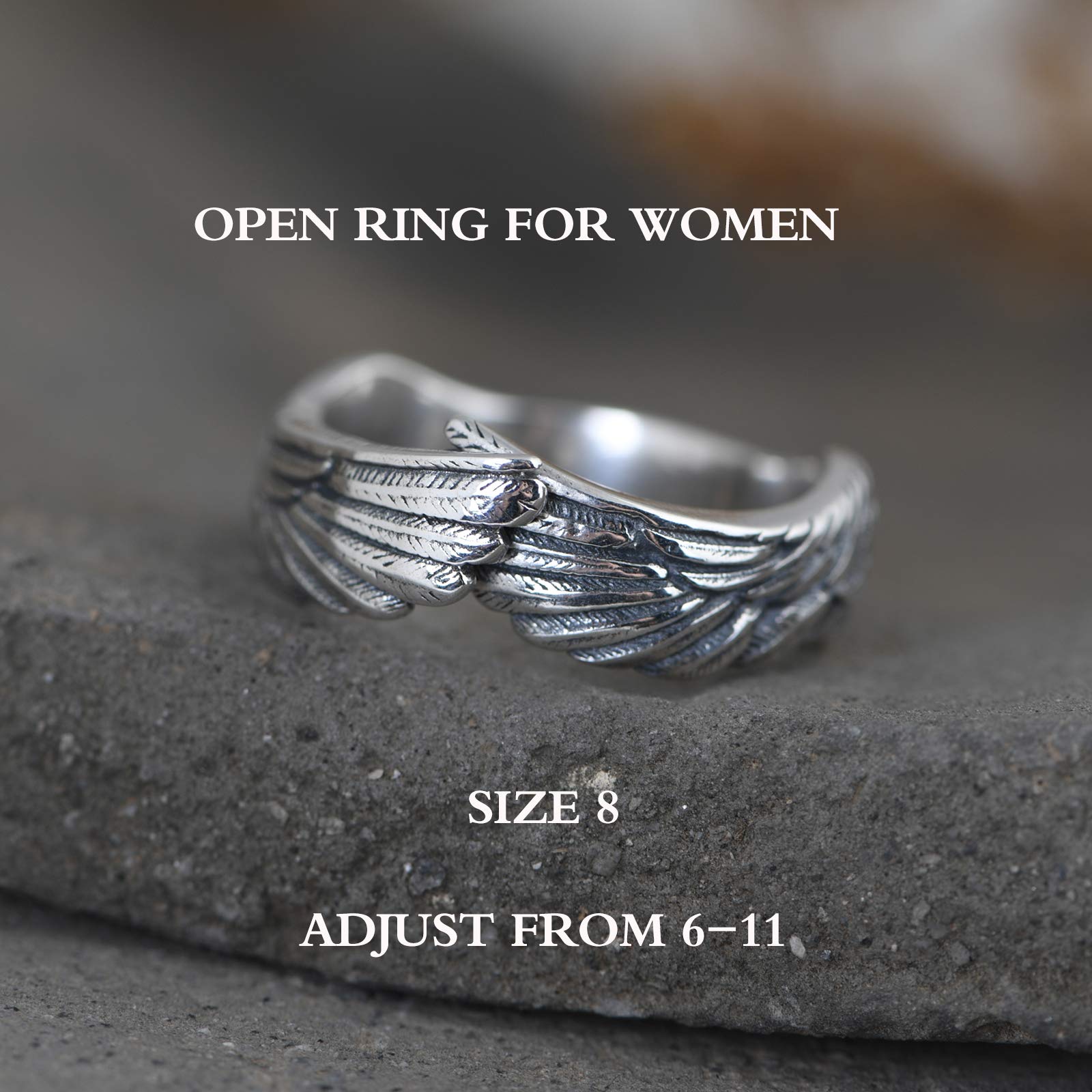 LOVECOM Antique 925 Sterling Silver Couple Ring for Women Men Lover Feather Angel Wing Mens Rings Silver Wedding Band Vingage Open Promise Rings for Couples Adjust Size 6-13