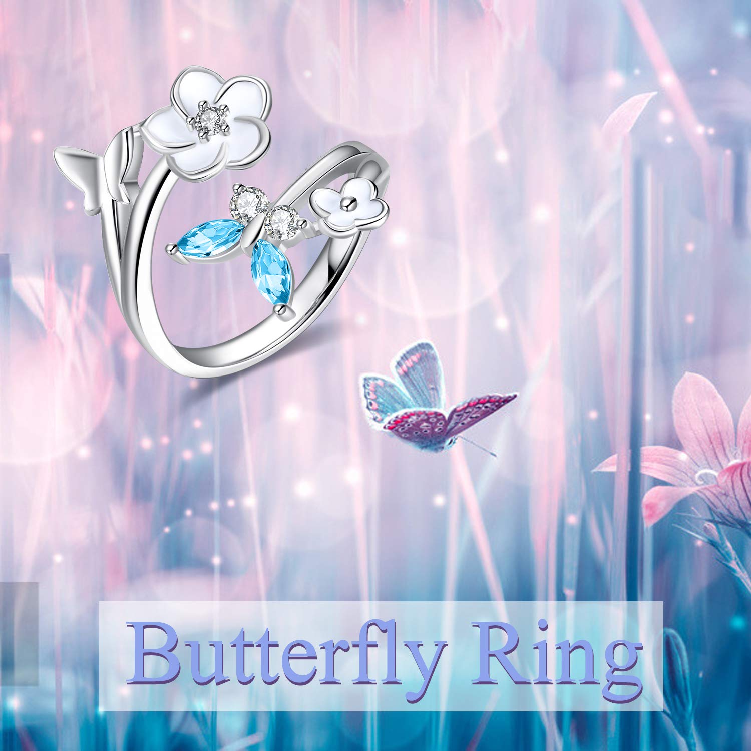 Sterling Silver Butterfly Rings Cubic Zirconia Flower Adjuastable Band Jewelry for Women Girls (Light Blue- Aquamarine)