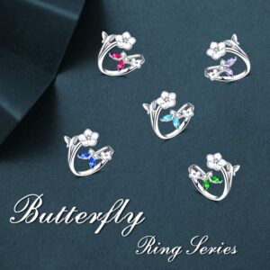 Sterling Silver Butterfly Rings Cubic Zirconia Flower Adjuastable Band Jewelry for Women Girls (Light Blue- Aquamarine)