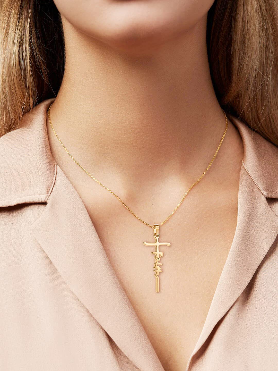 sovesi Faith Cross Necklace for Women 14K Gold Plated Cross Pendant Hope Necklaces Religious Jewelry Gift for Women Gold Faith