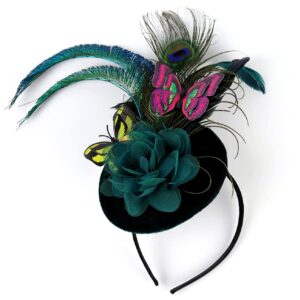 Coucoland Fascinators Hat for Women Pillbox Tea Party Hat Derby Butterfly Feather Cocktail Fascinator Headband (Dark Green)