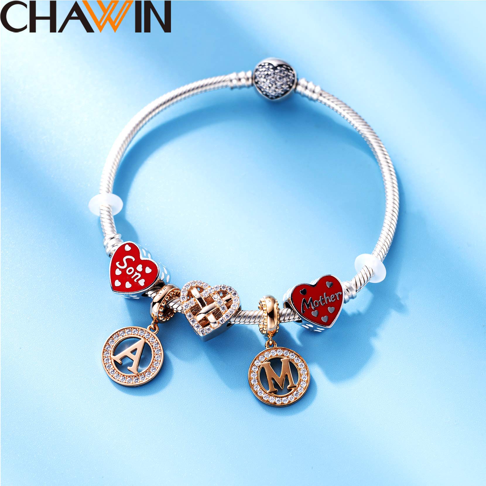 CHAWIN Initial M Letter Charms, Alphabet Charms Rose Gold, Authentic 925 Sterling Silver Charms fit Pandora Charm Bracelets, Necklace, Circle Dangle Charm Gift for Women, Sparkling Clear Stones