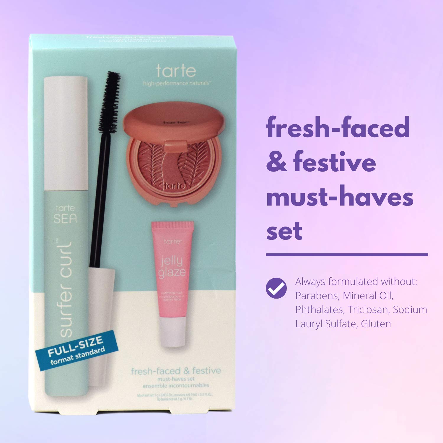 Tarte Fresh-faced and Festive Must-haves Set - Sea Surfer Curl, Jelly Glaze Lip Mask, Blush Paarty