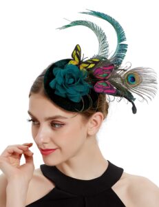 coucoland fascinators hat for women pillbox tea party hat derby butterfly feather cocktail fascinator headband (dark green)