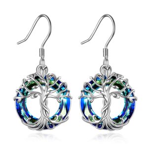 toupop earrings for women sterling silver tree of life dangel drop hooks earrings with blue circle crystal christmas birthday valentiens mothers day jewelry gifts for women mom her