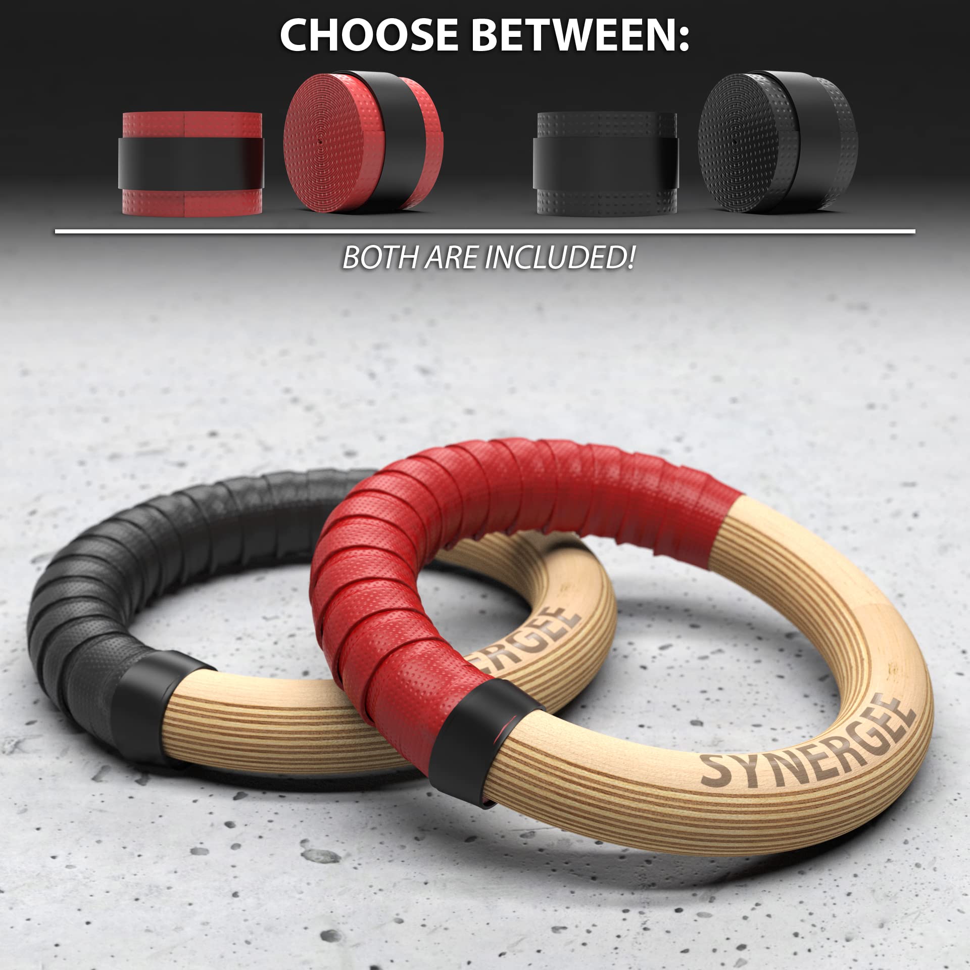 Synergee Wood Olympic Gymnastics Rings 1.25" Grip with Adjustable Straps for Pull Ups Dips and Muscle Ups. Red and Black Grip Tape Included.