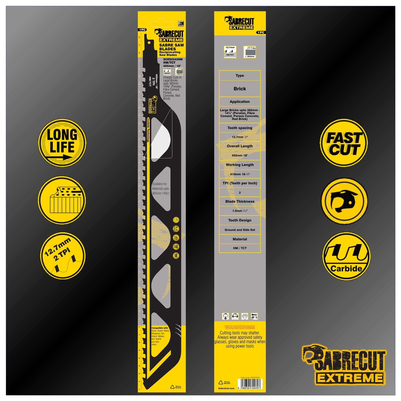 2 x SabreCut SCRS2243HM_2 Tungsten Carbide 17 29/32" (455mm) 2 TPI S2243HM Large Bricks Poroton Fibre Cement Concrete Straight Cutting Reciprocating Sabre Saw Compatible with Bosch Dewalt Makita