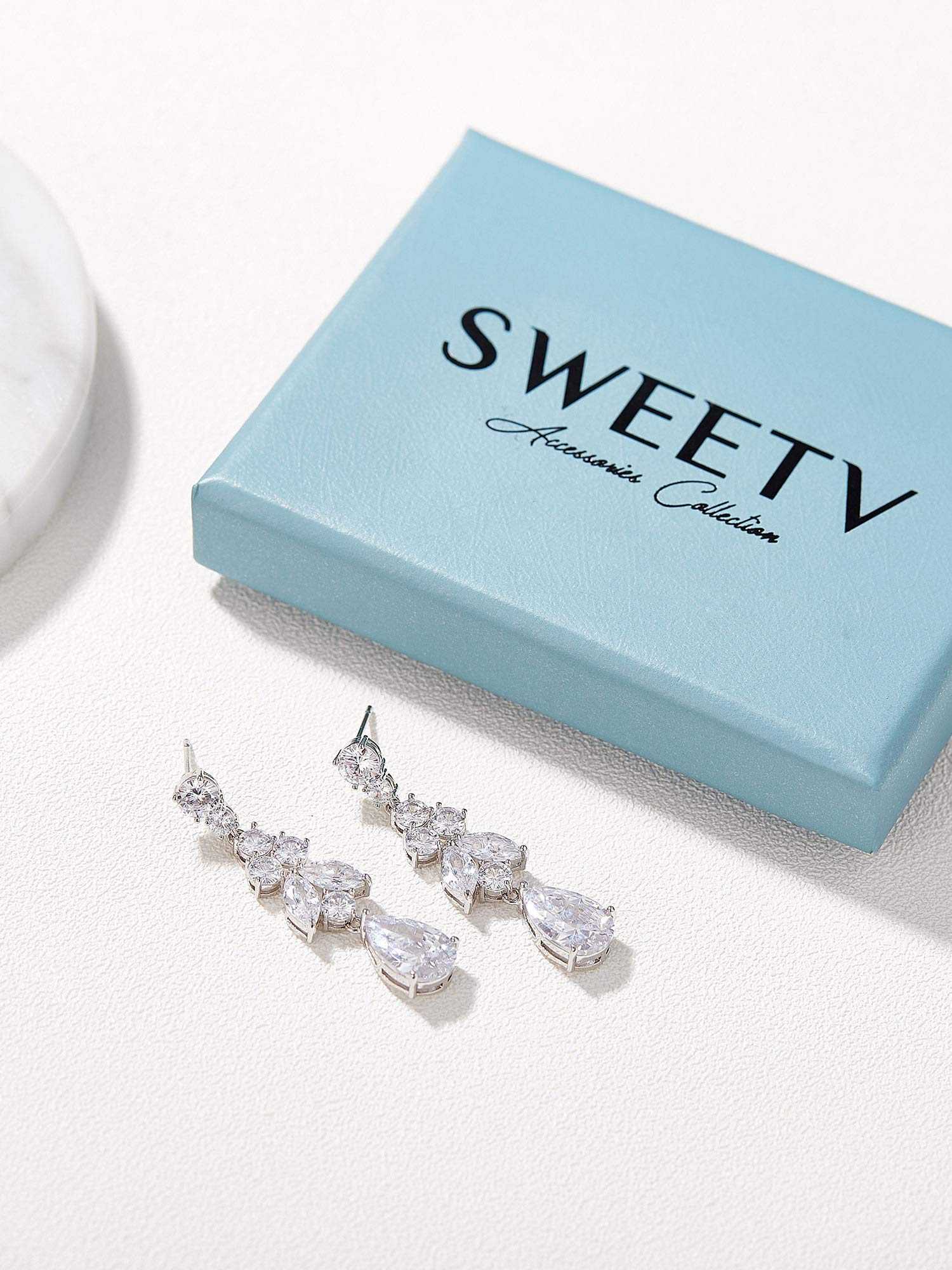 SWEETV Teardrop Wedding Bridal Earrings for Brides, Bridesmaids, Silver Crystal Cubic Zirconia Dangle Drop Earrings for Women Prom Gifts