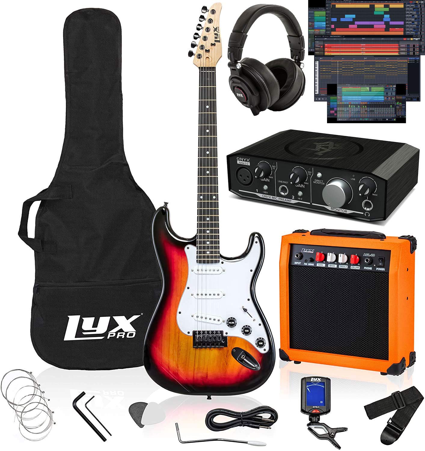 LyxPro Full Size Electric Guitar Sunburst with 20w Amp Package, Mackie Onyx Artist 2-2 Audio/Midi interface With Pro Tools First/Tracktion Music Production Software Kit With Professional Headphones