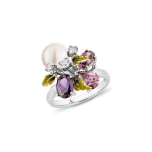 Anthia Jewelry Womens Sterling Silver High Shine Sparky Cubic Zirconia Multi Gemstone White Imitation Pearl Comfy Fit Floral Flower Fashion Jewelry Accessory Cute Band Ring, Purple & Pink, Size 7