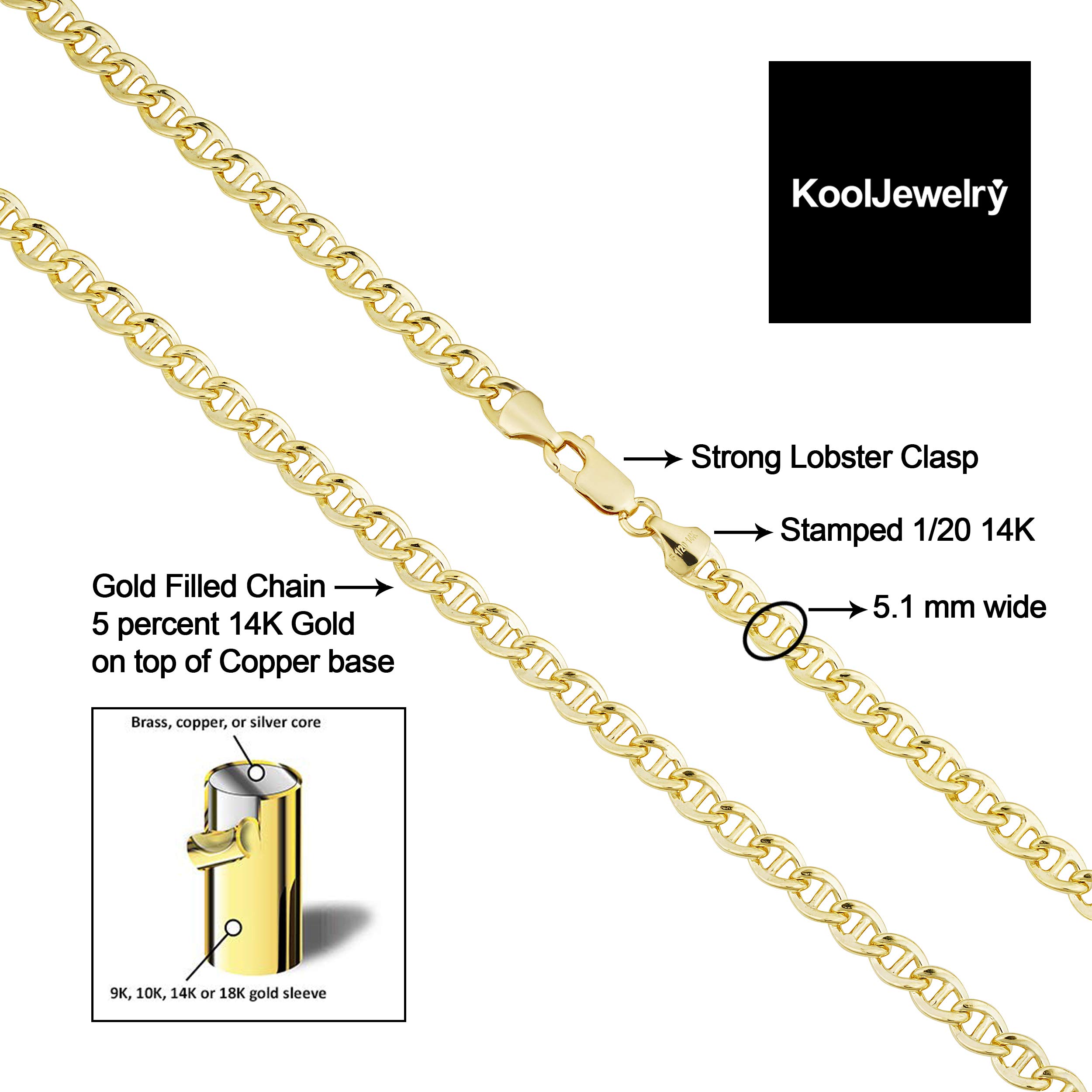 Solid 14k Yellow Gold Filled Mariner Link Chain Necklace (5.1 mm, 22 inch)