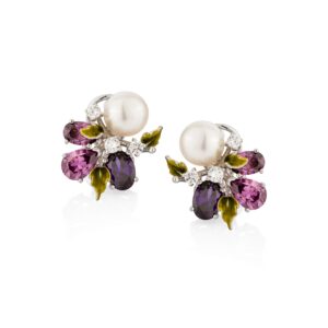 anthia jewelry womens sterling silver sparkling multicolor cubic zirconia gemstone floral flower white imitation pearl cute fashion jewelry accessory french back stud earrings, purple & pink