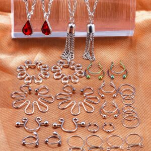 Oufksiyy Fake Nipple Ring Stainless Steel Non-Piercing Nipple Rings Clip On Nipplerings Faux Body Piercing Jewelry for Women Men 26PCS