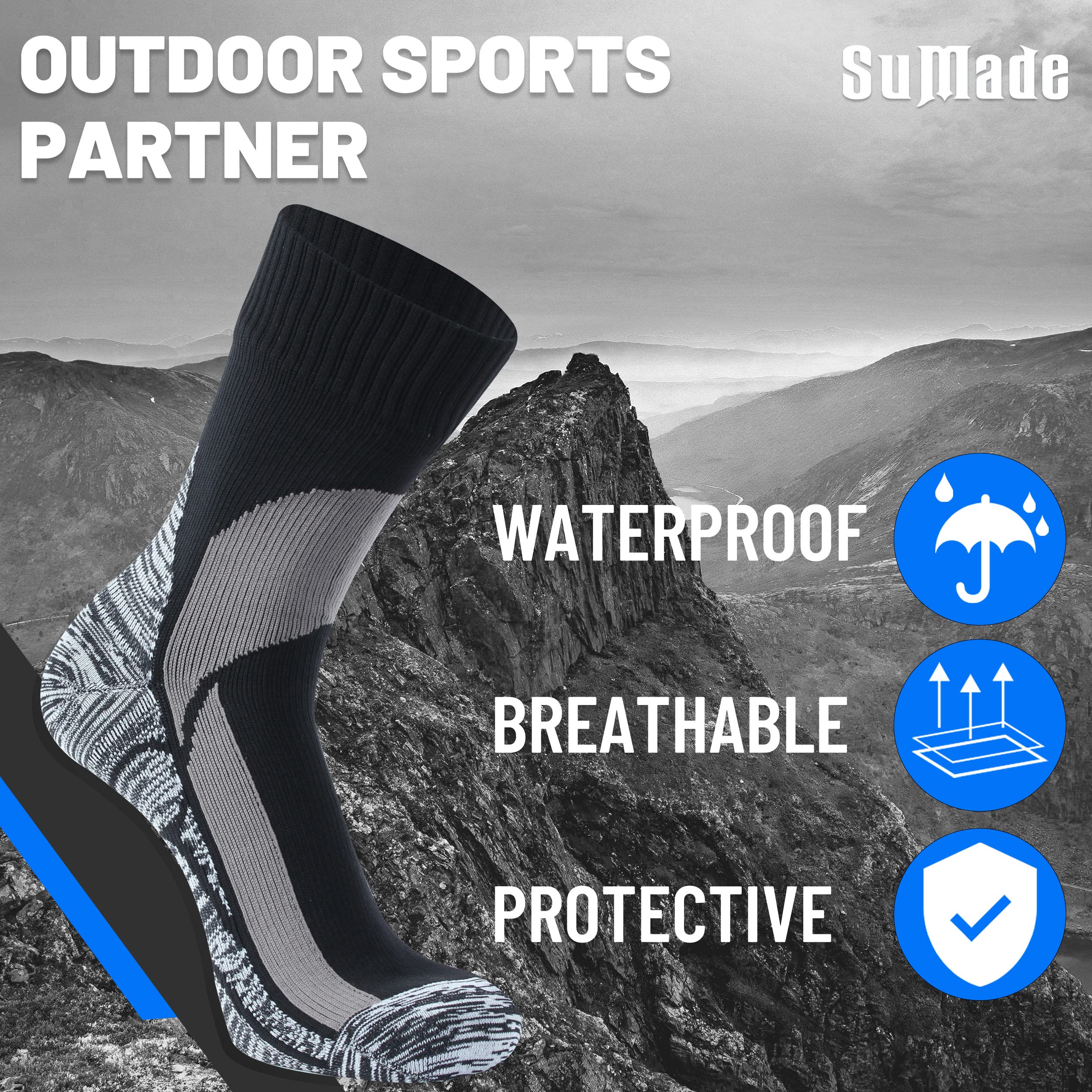 SuMade Waterproof Socks for Women, Hiking Rain Water Muddy Boot Coolmax Socks Kayaking Sport Cushioned Outdoor Neoprene Socks Cycling Wading Socks 1 Pair (Black&Grey, Small)