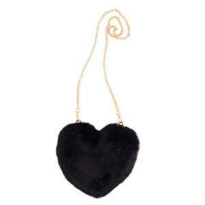 surell - faux rex rabbit fur heart shaped bag - fuzzy crossbody bag - cute fluffy love bag with heart - luxurious vogue fashion purse gift - kawaii purse - stylish mod handbag - (black)