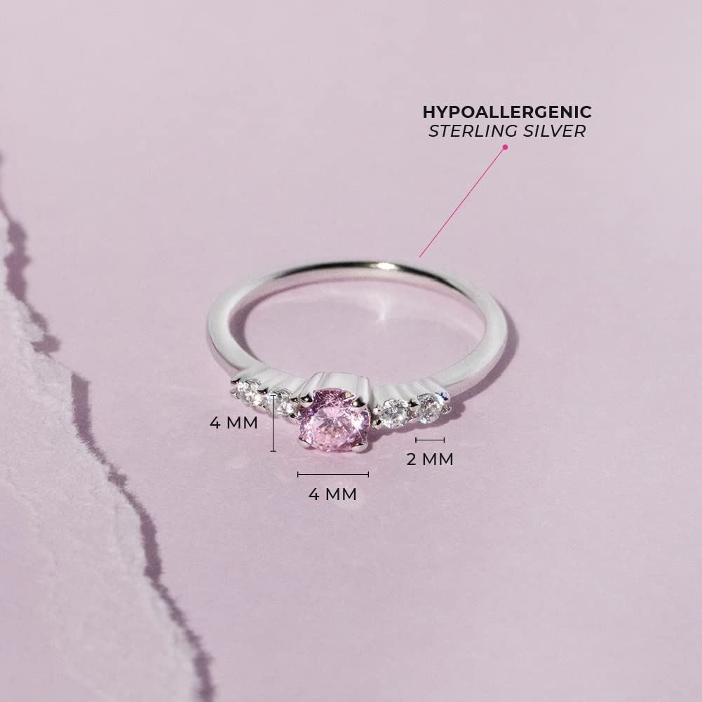 925 Sterling Silver Size 3 Shiny Pink & Clear Round Shape Cubic Zirconia Ring Bands for Young Girls - Cute Tiny Solitaire Rings for Children & Preteen - Beautiful Prong Set CZ Jewelry for Little Girls