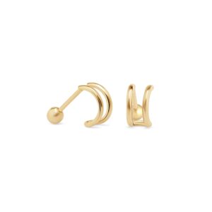 14K Yellow Gold Double Wire Ear Cuff Wrap Cartilage Huggie Hoop Earring Internally Threaded Upper Ear Piercing Hypoallergenic Helix Cartilage Lobe Tragus Upper Piercing - Sold Separately