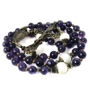 Beautiful Amethyst and Mother of Pearl Stone Rosary Beads Catholic for Women With Virgin Mary Our Lady of Graces Medal Centerpiece - Catholic Rosary - Rosarios Catolicos Para Mujer - Catholic Gifts Women - Rosario Regalos Para Mujer - Rosary Necklace for