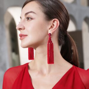 Long Woven Tassel Earrings Beaded Big Boho Statement Tassel Layer Dangle Earrings Large Bohemian Thread Fringe Layered Chandelier Drop Earrings Beads Tassel Earrings - red