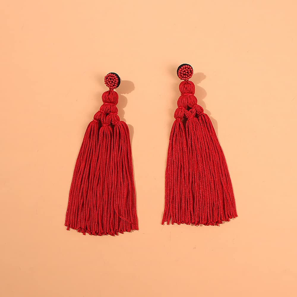 Long Woven Tassel Earrings Beaded Big Boho Statement Tassel Layer Dangle Earrings Large Bohemian Thread Fringe Layered Chandelier Drop Earrings Beads Tassel Earrings - red