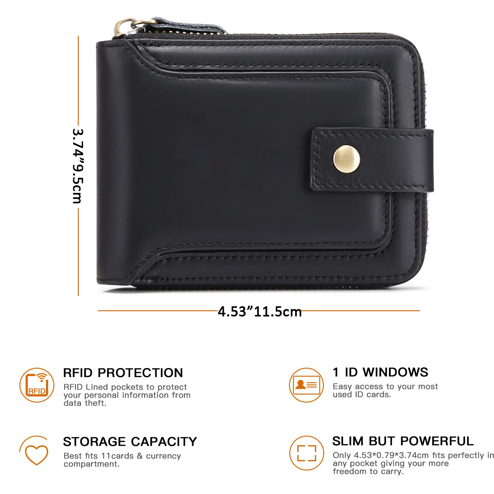 GOIACII Genuine Leather Wallet for Men RFID Blocking Men Wallet with Zipper Coin Pocket ID Window