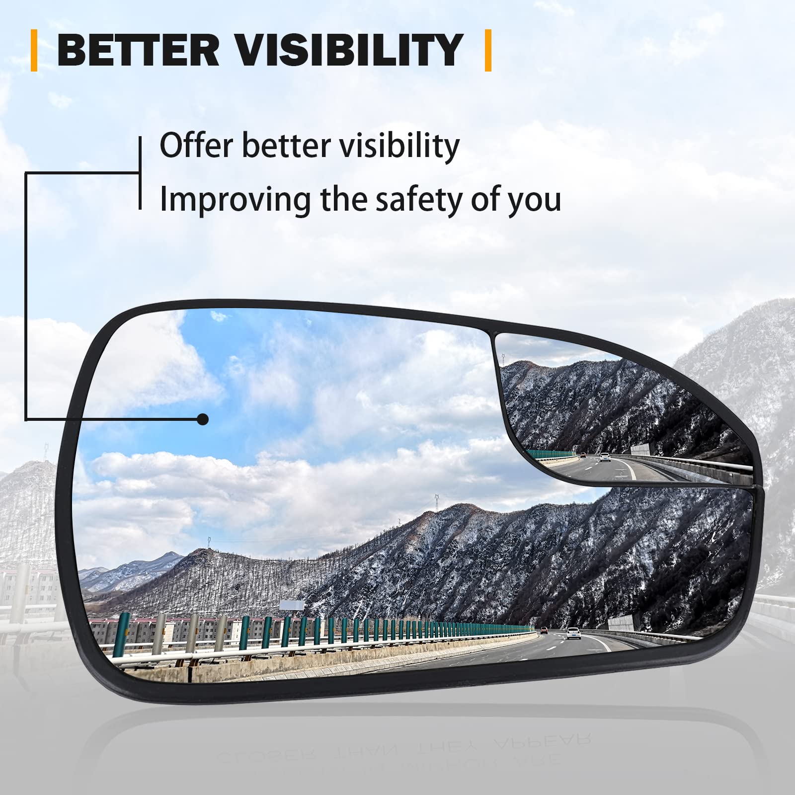 Passenger Right Side Heated Mirror Glass Replacement for 2013 2014 2015 2016 2017 2018 2019 2020 Ford Fusion - Exterior Side View Convex Mirror with Blind Spot, Replace DS7Z17K707B