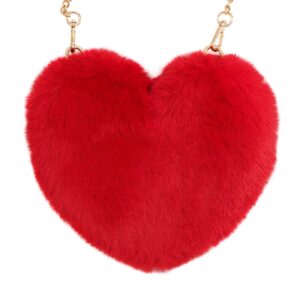 surell - Faux Rex Rabbit Fur Heart Shaped Bag - Fuzzy Crossbody Bag - Cute Fluffy Love Bag with Heart - Luxurious Vogue Fashion Purse Gift - Kawaii Love Tote Bag - Stylish Mod Handbag - (Red)