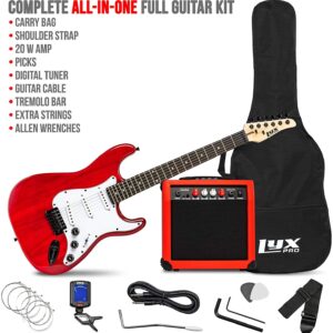 LyxPro Full Size Electric Guitar Red with 20w Amp Package With Mackie Onyx Artist 2-2 Audio/Midi interface With Pro Tools First/Tracktion Music Production Software Kit With Professional Headphones