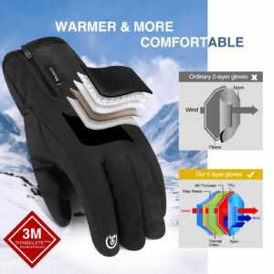 Balhvit -10℉ Waterproof Winter Gloves for Men & Women, Breathable Ski Snow Gloves, 5-Layer Touch Screen Cold Weather Gloves (M, Black)