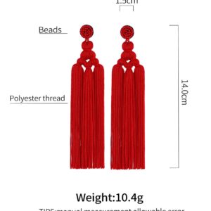 Long Woven Tassel Earrings Beaded Big Boho Statement Tassel Layer Dangle Earrings Large Bohemian Thread Fringe Layered Chandelier Drop Earrings Beads Tassel Earrings - red