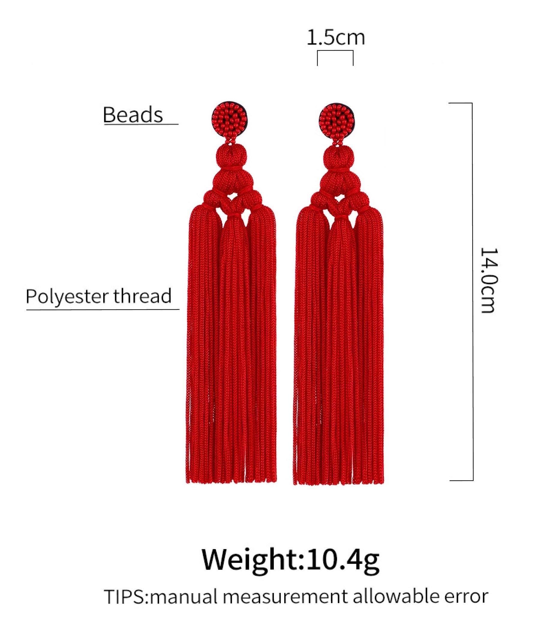 Long Woven Tassel Earrings Beaded Big Boho Statement Tassel Layer Dangle Earrings Large Bohemian Thread Fringe Layered Chandelier Drop Earrings Beads Tassel Earrings - red