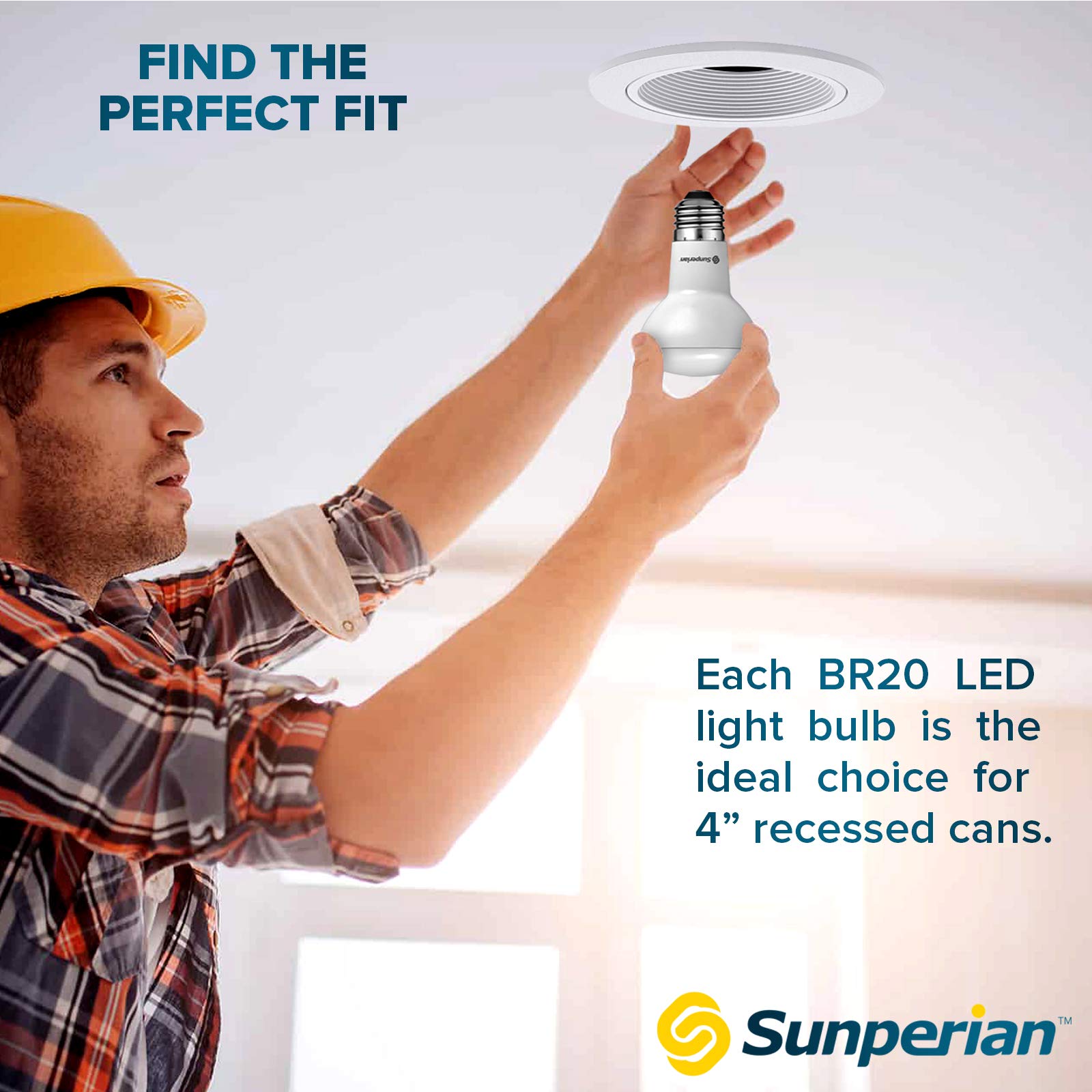 SUNPERIAN BR20 LED Bulb, 6W=50W, 3500K Natural White, 550 Lumens, Dimmable Flood Light Bulbs for Recessed Cans, Enclosed Fixture Rated, Damp Rated, UL Listed, E26 Standard Base (4 Pack)