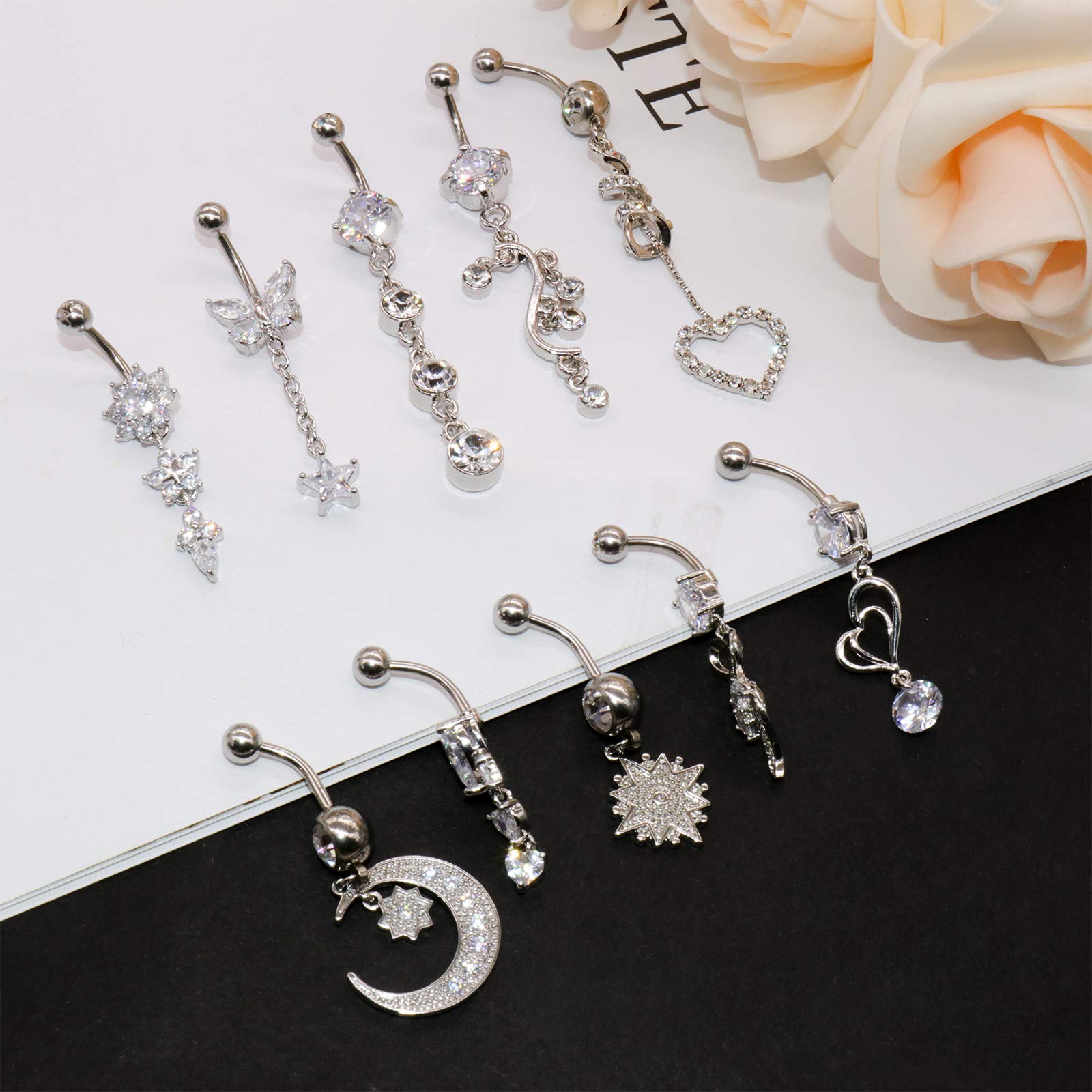 NEWITIN 10 Pieces 14G Belly Button Rings Dangle 316L Surgical Steel Navel Rings Cubic Zirconia Belly Piercing Jewelry Belly Dangle Rings for Women