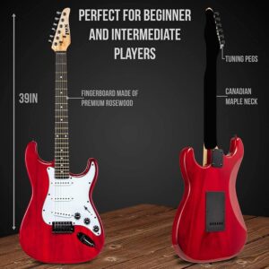 LyxPro Full Size Electric Guitar Red with 20w Amp Package With Mackie Onyx Artist 2-2 Audio/Midi interface With Pro Tools First/Tracktion Music Production Software Kit With Professional Headphones