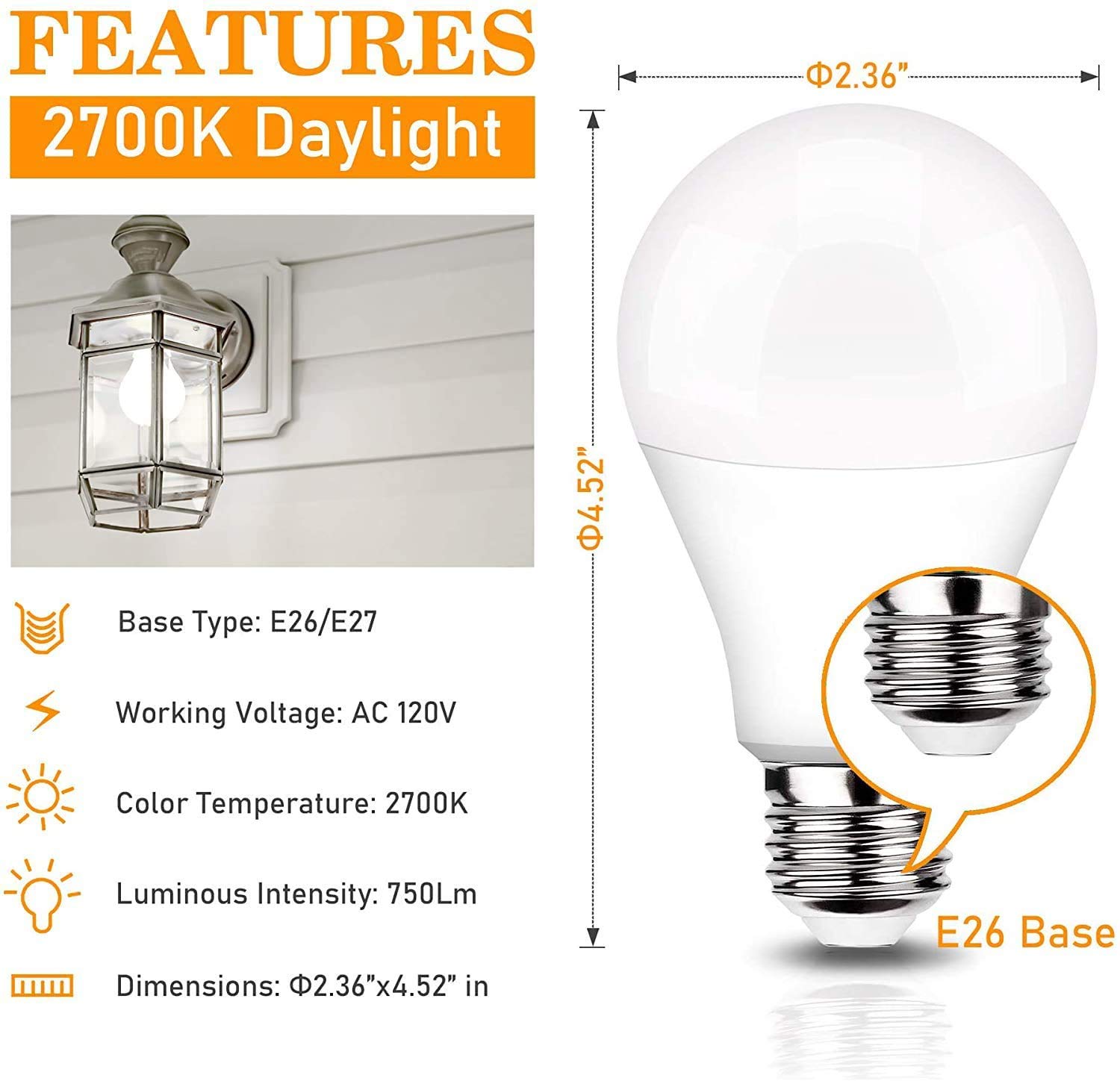 PINSAN 2 Pack Motion Sensor Light Bulbs,7W (60-Watt Equivalent) E26 Motion Activated Dusk to Dawn Security Light Bulb Outdoor/Indoor (White)