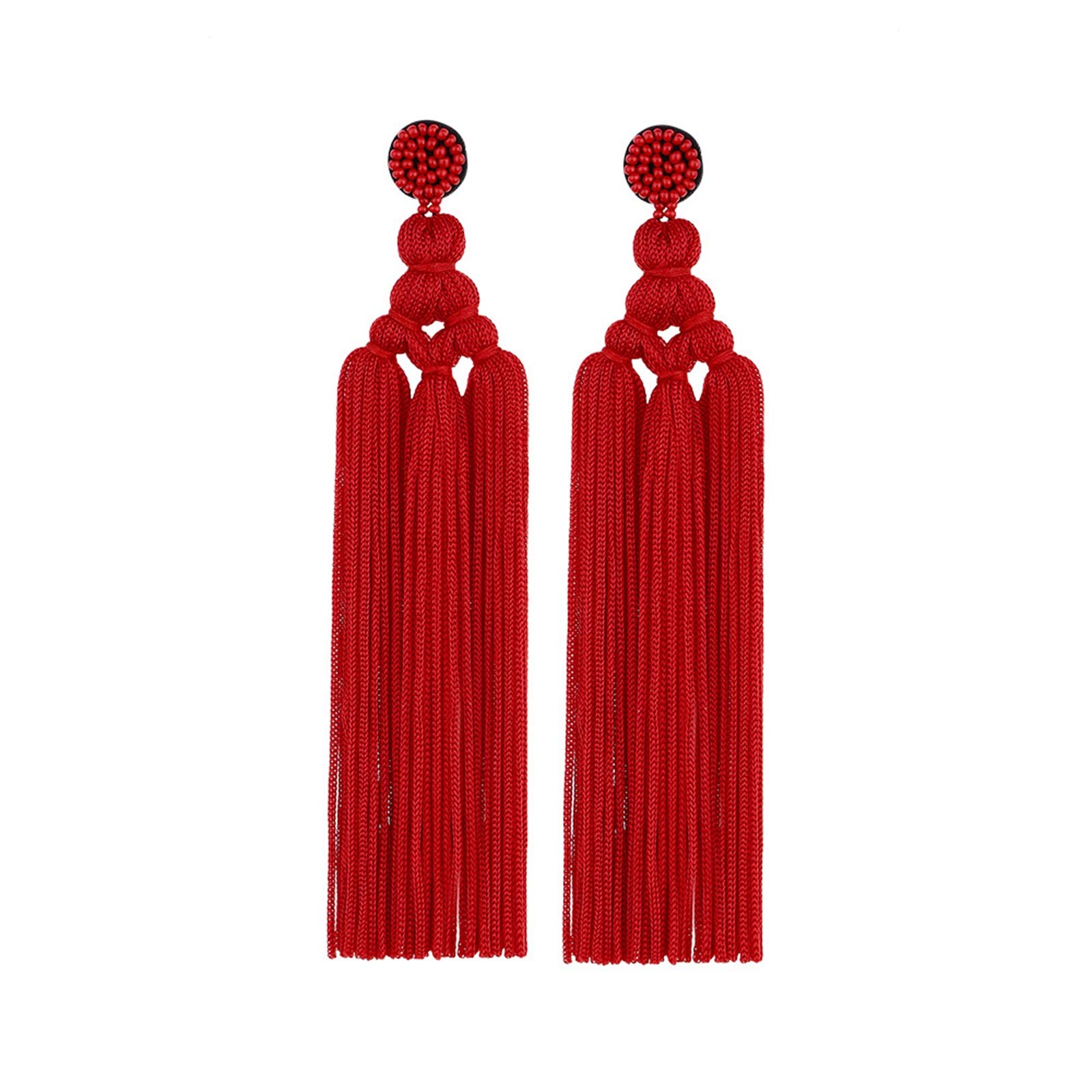 Long Woven Tassel Earrings Beaded Big Boho Statement Tassel Layer Dangle Earrings Large Bohemian Thread Fringe Layered Chandelier Drop Earrings Beads Tassel Earrings - red