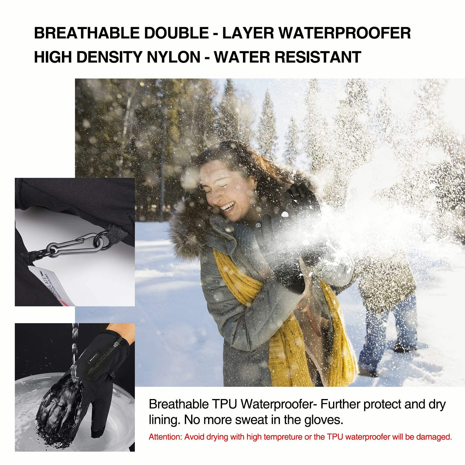 Balhvit -10℉ Waterproof Winter Gloves for Men & Women, Breathable Ski Snow Gloves, 5-Layer Touch Screen Cold Weather Gloves (L, Black)