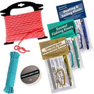 deluxe knot tying kit with rope, cord, fishing line, and 3 knot tying guides (outdoors, fishing, boating) - learn how to tie 42 knots