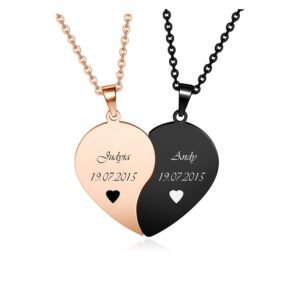 jovivi personalized custom 2pcs heart couple necklaces for him and her black rose gold stainless steel matching puzzle piece necklace for boyfriend girlfriend couples wedding valentines gifts