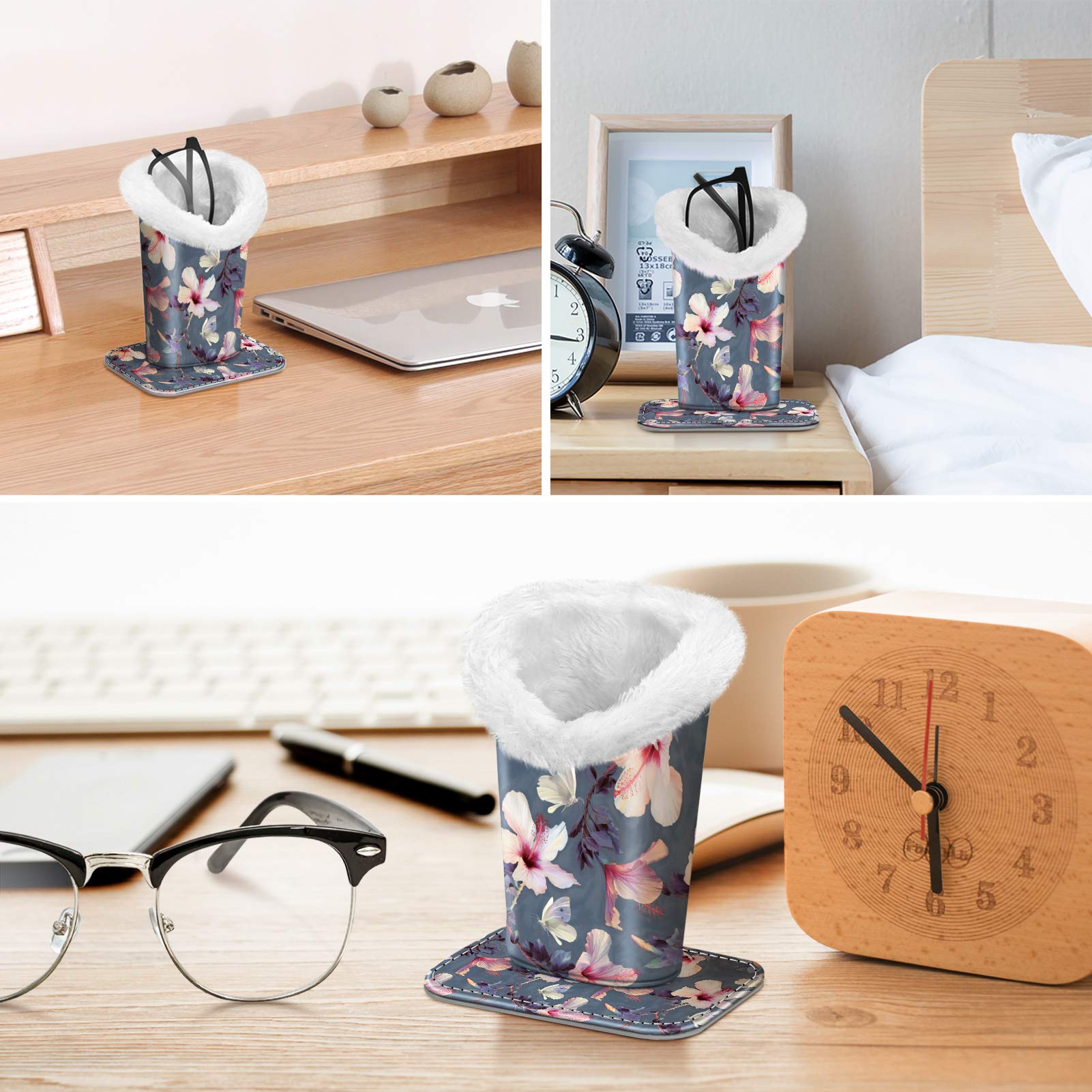 Fintie Plush Lined Eyeglasses Holder with Magnetic Base- Premium Vegan Leather Glasses Stand Case, Blooming Hibiscus