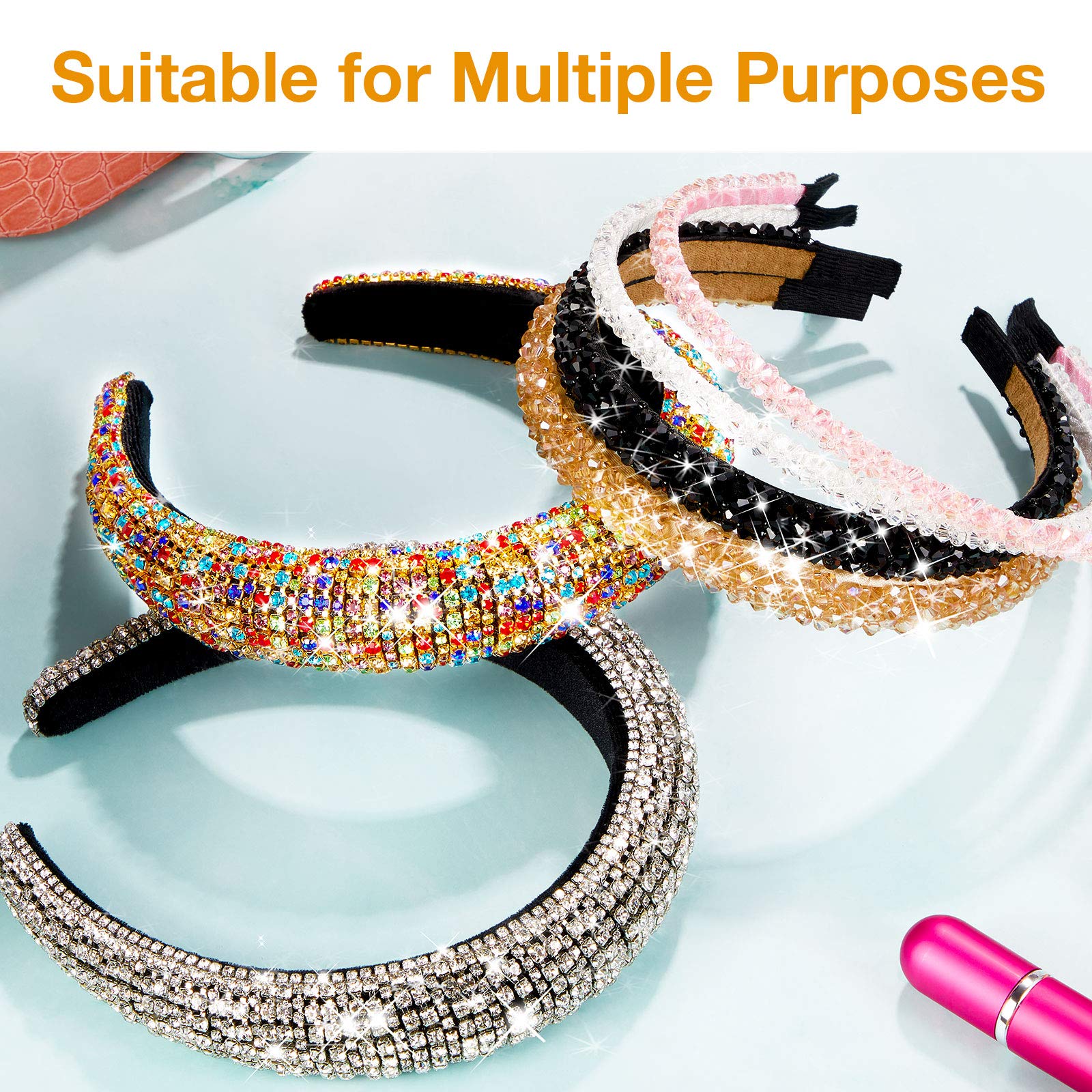 6 Pieces Padded Rhinestone Headband 4 Rows Crystal Diamond Velvet Hair Band Glitter Double Rows Beaded Hair Hoops Hair Accessories for Women Girls