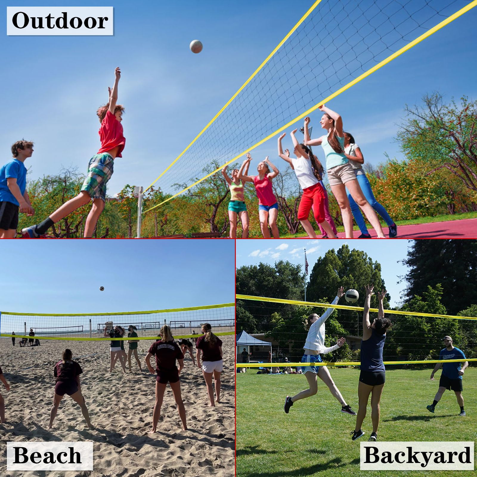 Outdoor Portable Volleyball Net System - Adjustable Height Poles with Soft Volleyball Ball, Pump, Hammer, Boundary Line, and Carry Bag for Backyard, Beach, Lawn