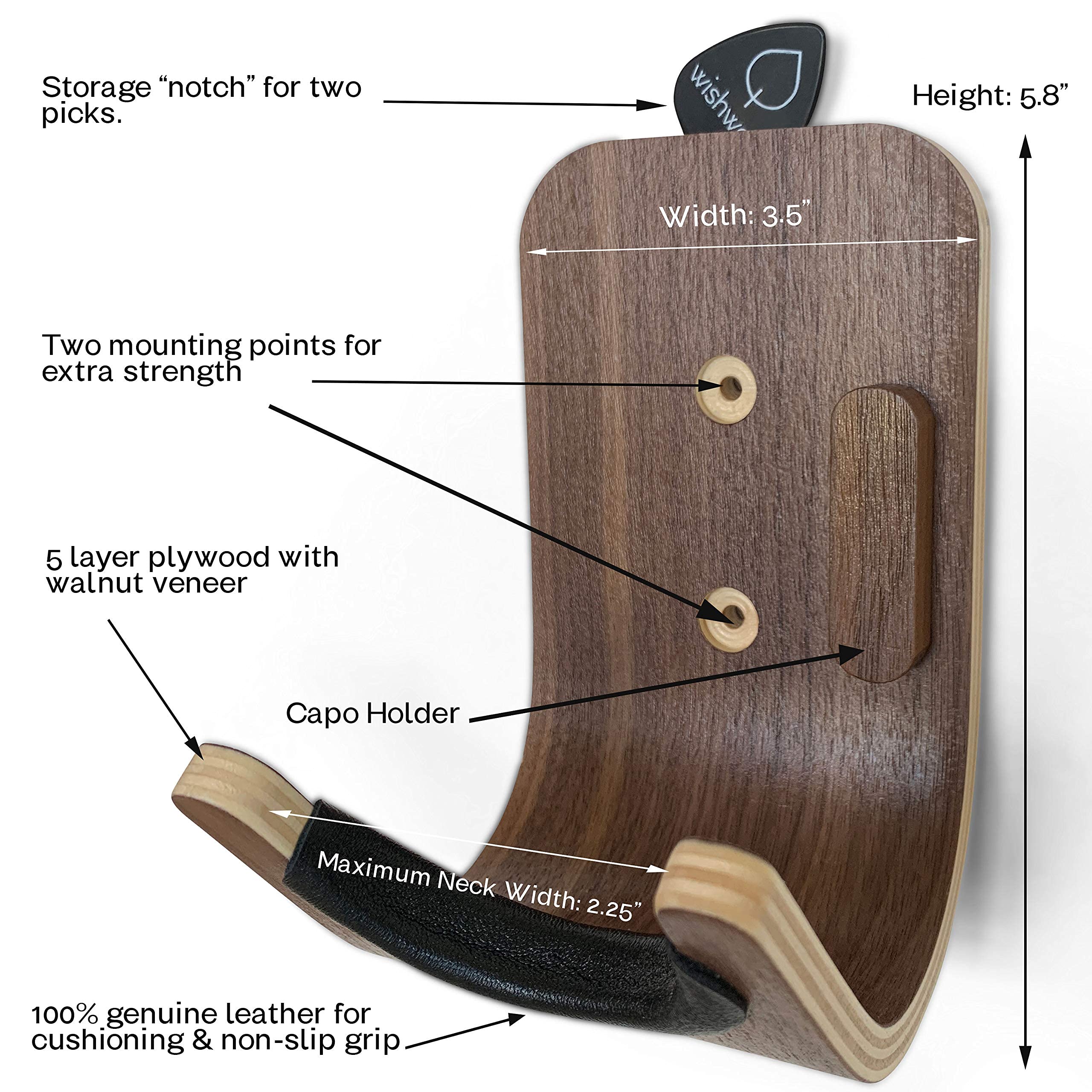 Guitar Wall Mount: Modern Guitar Hanger for Wall Storage & Display. Heavy Duty Ply Wood Guitar Hook for Secure Wall Mounting. For Ukuleles, Acoustic, Bass & Classical Guitars.