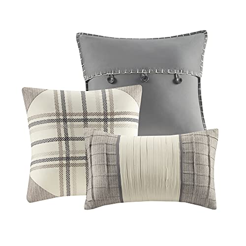 Madison Park Ridge Comforter Set-Cabin Lodge Plaid Herringbone Design All Season Down Alternative Cozy Bedding with Matching Bedskirt, Shams, Decorative Pillow, King(104"x92"), Neutral 7 Piece