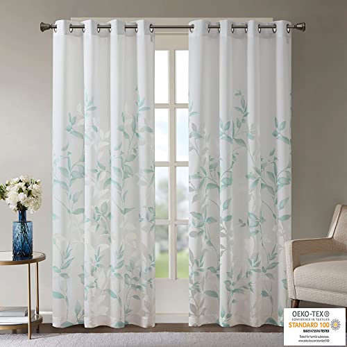 Madison Park Cecily Semi Sheer SINGLE Panel Window Curtain Burnout Botanical Print, Easy To Hang, Fits up to 1.25" Diameter Rod, 50x84", Leaves Aqua