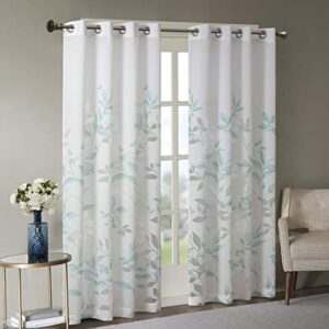 madison park cecily semi sheer single panel window curtain burnout botanical print, easy to hang, fits up to 1.25" diameter rod, 50x84", leaves aqua